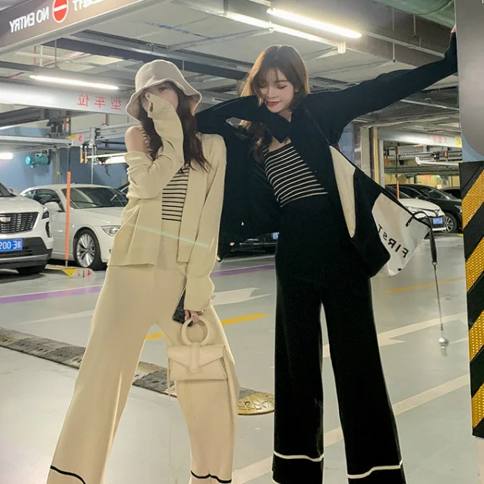 Stripes Sweater Cardigan WOMEN'S Suit 2019 Autumn New Style Korean-style Slimming Knitted Vest Wide-Leg Trousers Three-piece Set
Stripes Sweater Cardigan WOMEN'S Suit 2019 Autumn New Style Korean-style Slimming Knitted Vest Wide-Leg Trousers Three-piece Set