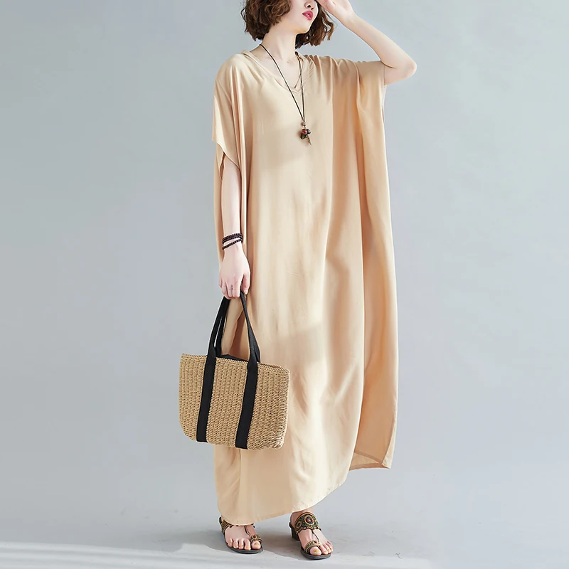 

2022 Summer Plus Size Women's Clothing Bohemian V-neck Cotton Drape Long Solid Color Robe Loose Dress d805