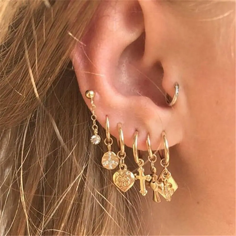 KMVEXO Vintage Gold Ball Cross Heart Geometric Earring Sets for Women Gift Punk Fashion Crystal Pearl Stud Earrings Jewelry 2020 | Украшения