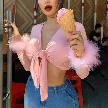 2020 T-shirt Long Sleeve Fur V-neck Wrapped Bandage Sexy Crop Tops Autumn Winter Women Streetwear Club Party Outfits T-shirts 
2020 T-shirt Long Sleeve Fur V-neck Wrapped Bandage Sexy Crop Tops Autumn Winter Women Streetwear Club Party Outfits T-shirts