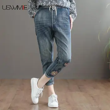 Women Pants National Style Elastic Waist Embroidered Make Old Solid Color Streetwear Elastic Waist Comfort Cowboy Plus Size Jean 
Women Pants National Style Elastic Waist Embroidered Make Old Solid Color Streetwear Elastic Waist Comfort Cowboy Plus Size Jean