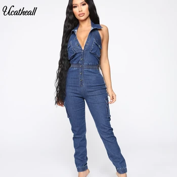 Fashion Sexy Backless Jeans Jumpsuit Women Front Buttons Overalls Pockets Sleeveless Elastic Ankle Denim Romper Streetwear
Fashion Sexy Backless Jeans Jumpsuit Women Front Buttons Overalls Pockets Sleeveless Elastic Ankle Denim Romper Streetwear