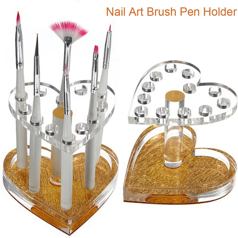 Professional 12 Holes Nail Art Brush Holder Heart Stand Makeup Acrylic Gel Pen Gold Rest Display Brushes | Красота и здоровье