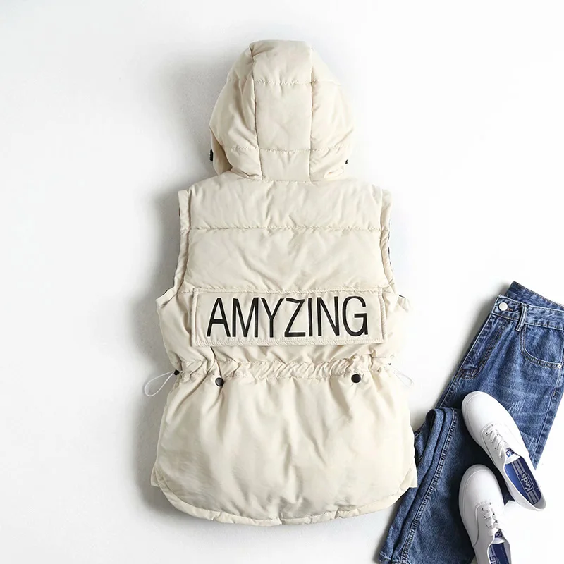 2019 Autumn Winter Drawstring Windproof Vest Letter Embroidery Hooded Coat Vest Cotton Warm Zipper Vest jacket female
2019 Autumn Winter Drawstring Windproof Vest Letter Embroidery Hooded Coat Vest Cotton Warm Zipper Vest jacket female