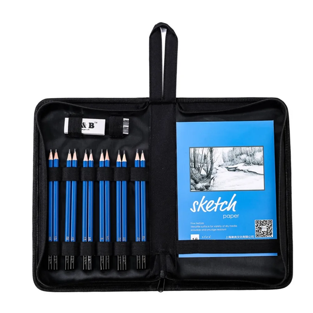 Professional Art Pencil Set 16pcs Drawing Pencils Sketch Kit With Paper Sharpener Eraser Zippered Carry Case | Канцтовары для офиса