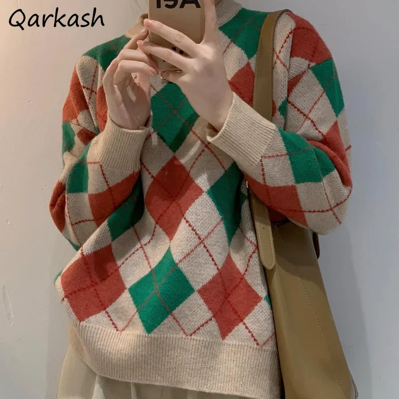 

Pullovers Women Knitted Retro Preppy All-match Cozy 2021 New Simple O-Neck Korean Style Argyle Design Fall Clothes Sueter Couple