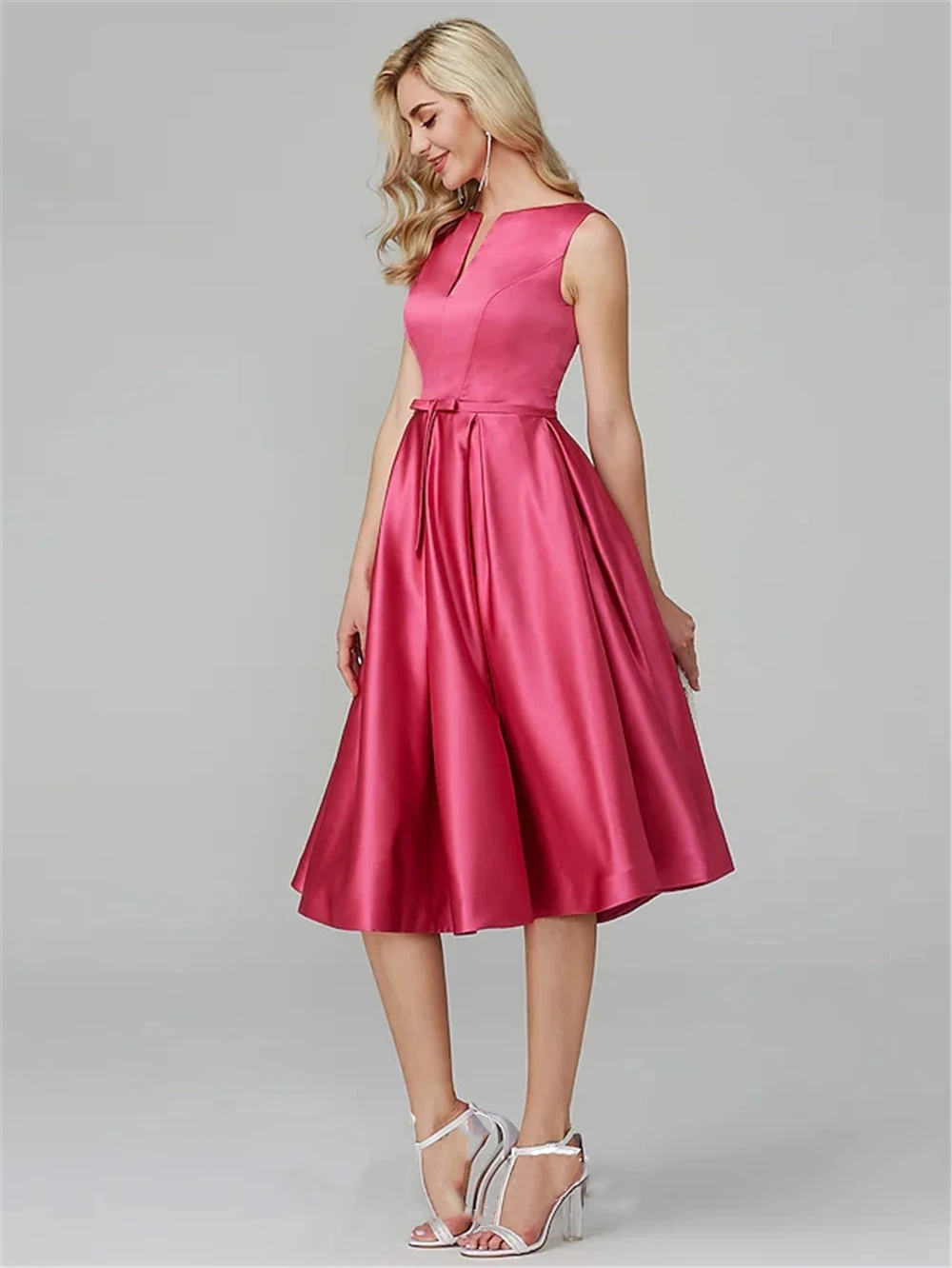 

Minimalist Elegant Cocktail A-Line Party Prom Valentine's Day Dress V Wire Sleeveless Knee Length Satin with Sash / Ribbon Dress