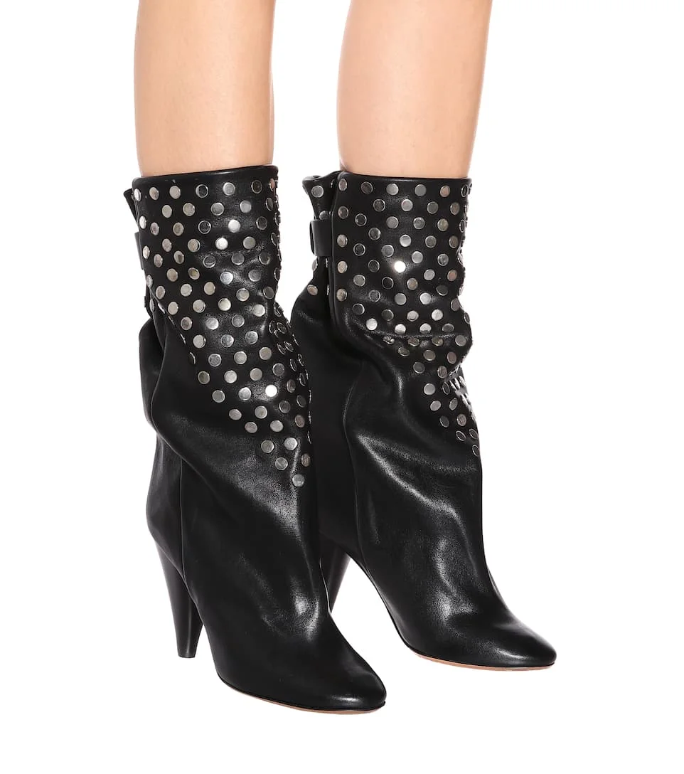 

Lady Punk Metal Rivets Studs Boots Black Leather Spike Heels Pointed Toe Female Mid Calf Boots Slip On Bottine Zapatos