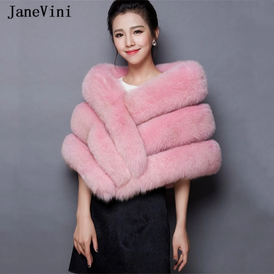 

JaneVini Fashion Pink Jacket Faux Fur Winter Bolero Bridal Shawls and Wraps Warm Cape Women Wedding Party Shrug Cloak In Stock