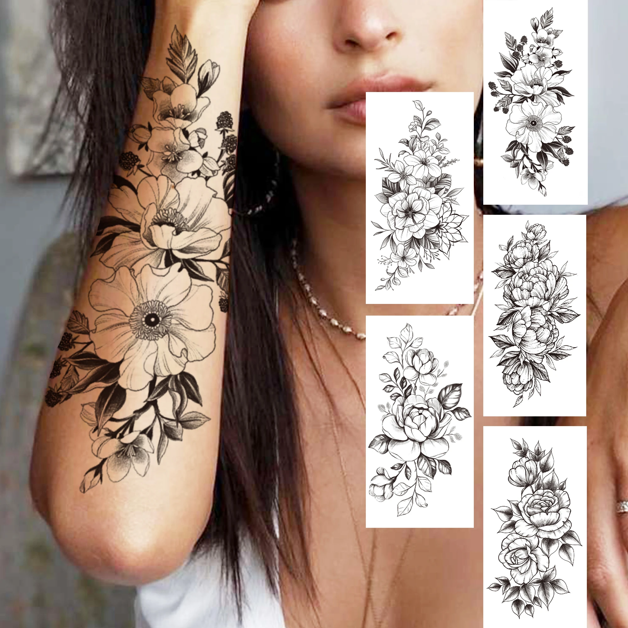 

DIY Flower Temporary Tattoo For Women Girls Realistic Fake Peony Zinna Rose Tattoos Sticker Black Flora Leaf Sexy Tatoo Body Arm