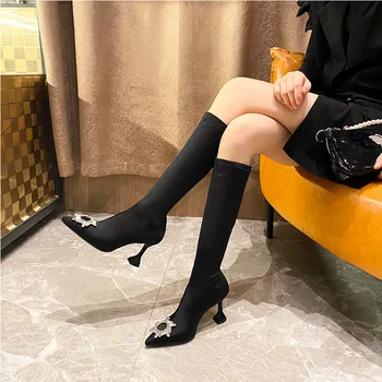 Women Lady Black stretch Fabric Poined Toes Crystal Rhinestone square heel high heels shoes LONG BOOTS Over knee boots pumps
Women Lady Black stretch Fabric Poined Toes Crystal Rhinestone square heel high heels shoes LONG BOOTS Over knee boots pumps