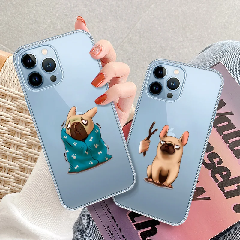 Cute Funny Pug Dog Phone Case for Iphone 11 12 13 Pro XS Max Mini 7 8 6 S Plus X XR 5 5S SE 2020 French Bulldog Clear Soft Cover |