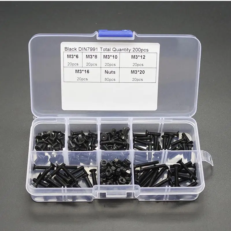 200PCS M3*6/8/10/12/16/20 Hex Screw Set Black Cylinder Head Hexagon Screw Repair Tool Kit With Box
200PCS M3*6/8/10/12/16/20 Hex Screw Set Black Cylinder Head Hexagon Screw Repair Tool Kit With Box