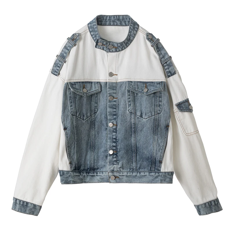 PERHAPS U Women Blue Denim Jacket Hit Color Pocket Long Sleeves Jean Stand collar Loose C0173
PERHAPS U Women Blue Denim Jacket Hit Color Pocket Long Sleeves Jean Stand collar Loose C0173