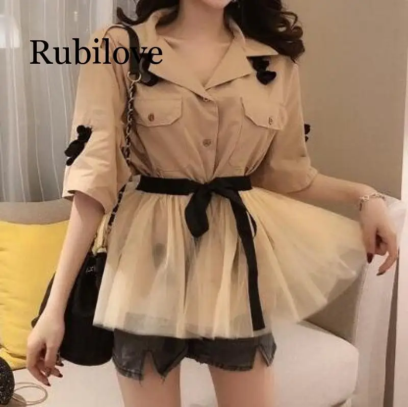 2020 Women Two Piece Outfits Sequin Embroidered Half Sleeve Khaki Jacket Blouse + Lace-up Patchwork Tulle Tutu Mesh Skirt Set |