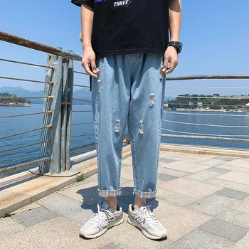 Summer retro color matching hole nine-point jeans men's loose teenagers straight net red Korean style street casual pants
Summer retro color matching hole nine-point jeans men's loose teenagers straight net red Korean style street casual pants
