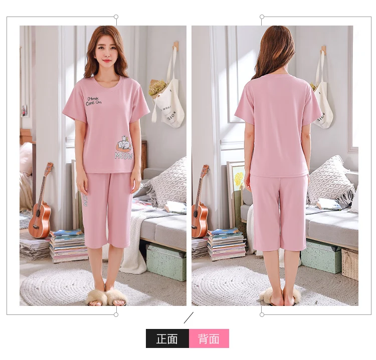 Summer Pajamas Girl's Cotton Short Sleeve Slim Sleepwear Large Size T-shirt + Cropped Pants Two-piece Set Cute Pyjamas Women 3XL Summer Pajamas Girl's Cotton Short Sleeve Slim Sleepwear Large Size T-shirt + Cropped Pants Two-piece Set Cute Pyjamas Women 3XL