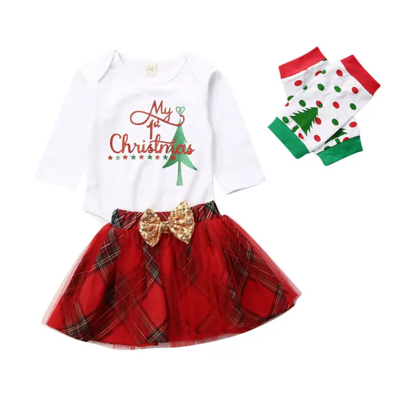

Baby Skirt Set 0-18M Newborn Baby Girls Christmas Outfits My 1st Christmas Romper Tutu Skirt Polka dot Leg Warmers Winter Set