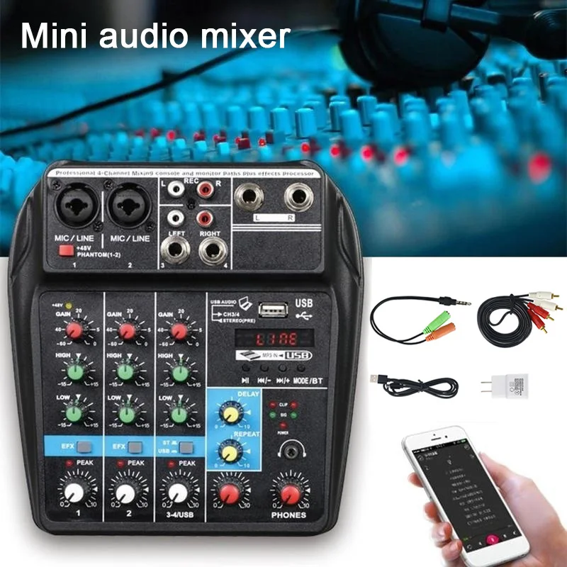 Sound Mixing Console Record 48V Phantom Power Monitor AUX Paths Plus Effects 4 Channels Audio Mixer with USB for DJ Karaoke MVI-
Sound Mixing Console Record 48V Phantom Power Monitor AUX Paths Plus Effects 4 Channels Audio Mixer with USB for DJ Karaoke MVI-