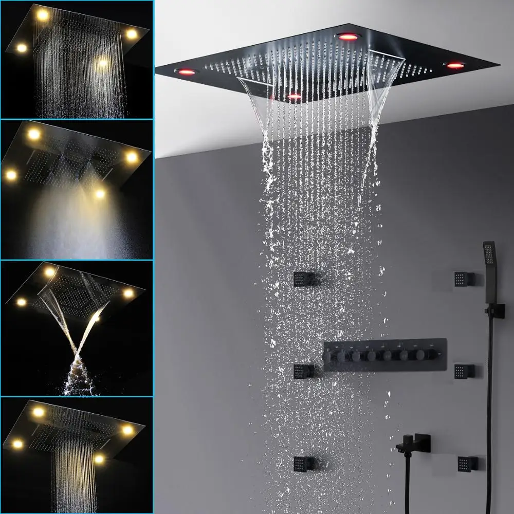

Matt Black Spa Massapge Shower Head Rainfall Waterfall Lateral Jets Thermostatic Valve 6 Functions LED Shower Faucet Mixer Set