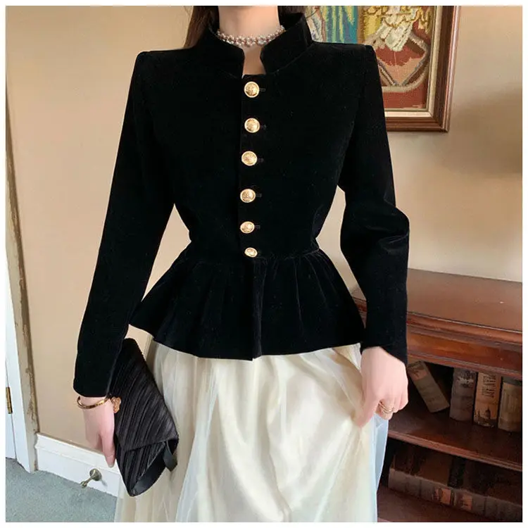 Autumn Winter Blouses Women Tops Solid Ruffles Velvet Black Puff Sleeve Blusas Stand Collar Vintage Ropa Mujer Korean | Женская одежда