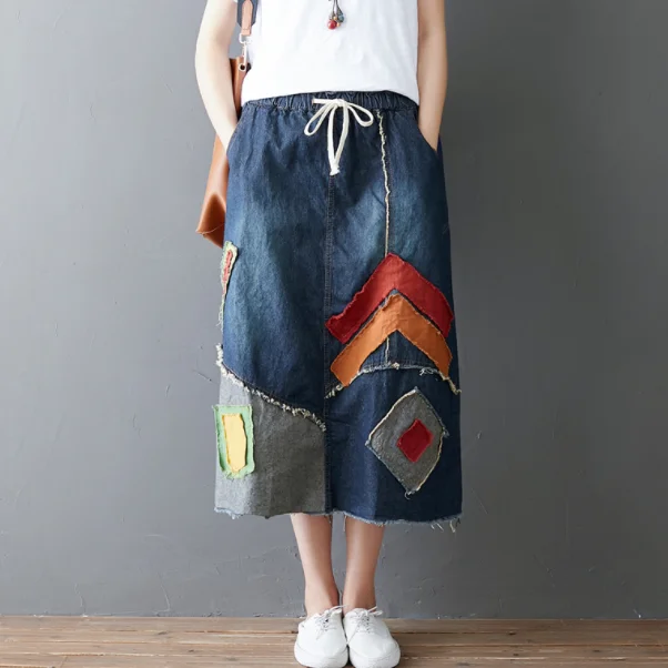Женская винтажная джинсовая юбка с эластичной резинкой на талии длинная модная