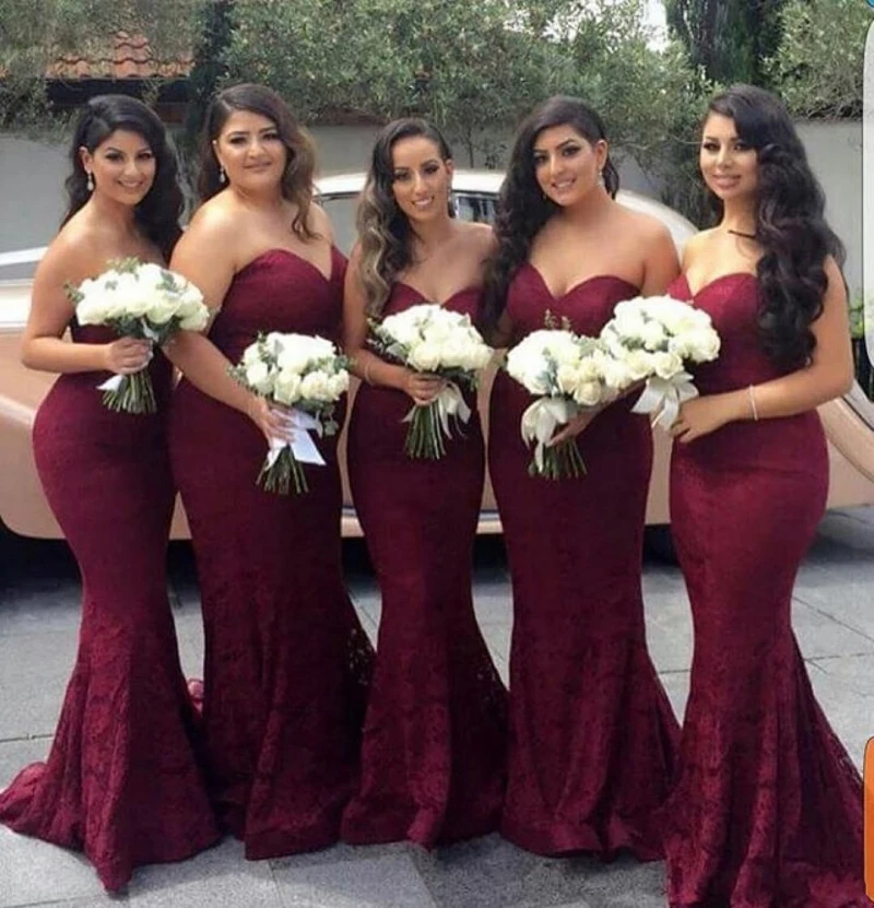 

Elegant Burgundy Sweetheart Lace Mermaid Cheap Long Bridesmaid Dresses 2020 Maid of Honor Wedding Guest Dress Prom Party Gown