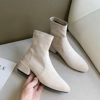 Casual autumn elastic boots round toe flock ankle boots slip-on black apricot medium heel thick riding boots women's shoes
Casual autumn elastic boots round toe flock ankle boots slip-on black apricot medium heel thick riding boots women's shoes