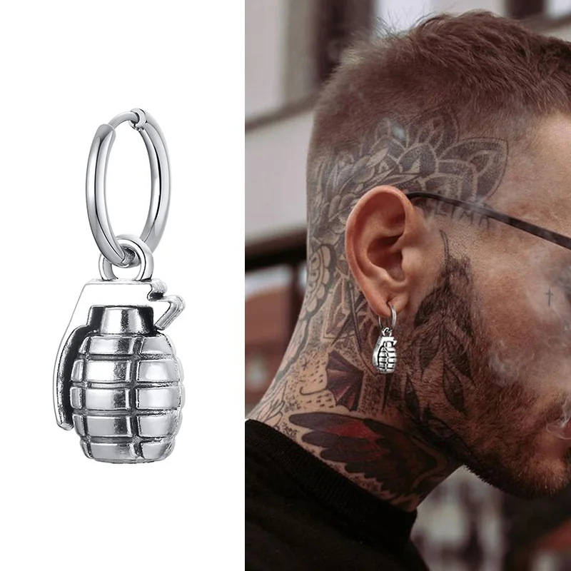 

FUN GRENADE SHAPED EARRINGS FOR MEN JEWELRY STAINLESS STEEL HOOP EARING GIFT FOR HIM