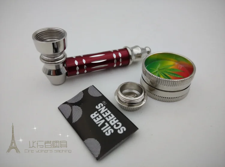 

New 1set Fashion Metal smoking pipe Set With Lid + mini grinder+5 screens+retail package Smoke Accessories H027