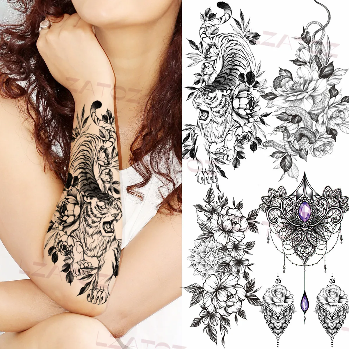 

Realistic Tiger Peony Temporary Tattoos For Women Girl Henna Snake Pendant Fake Tattoo Sticker Forearm Sexy Water Transfer Tatoo