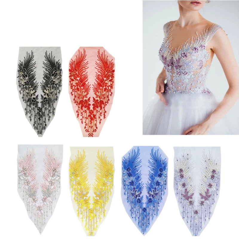 

Lace Applique 3D Beaded Embroidered Floral Rhinestone Trim Patches Great DIY Neckline Bodice Wedding Bridal Prom Dress