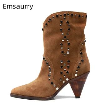 Brown Suede Point Toe Ankle Boots Women Metal Rivet Decor Slim Short Booties High Spike Heel Winter Botas Mujer
Brown Suede Point Toe Ankle Boots Women Metal Rivet Decor Slim Short Booties High Spike Heel Winter Botas Mujer