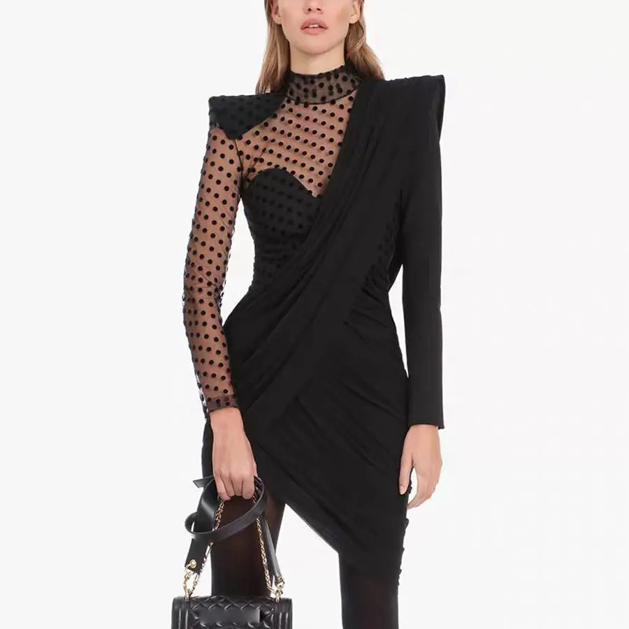 2019 Winter Dress Long Sleeve Dots Pattern Mesh Mini Dress High Quality Black Stand Collar Asymmetrical Dresses Sexy Dress 
2019 Winter Dress Long Sleeve Dots Pattern Mesh Mini Dress High Quality Black Stand Collar Asymmetrical Dresses Sexy Dress