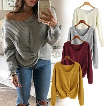 Cross-border pop 2019 women's new Amazon Wish solid color V-neck irregular long-sleeved sweater top
Cross-border pop 2019 women's new Amazon Wish solid color V-neck irregular long-sleeved sweater top