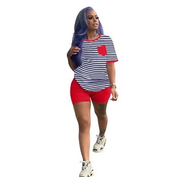 Summer Two Piece Set Women Top And Shorts Short Sleeve Pocket Striped T Shirts Fitness Biker Hot Shorts Woman Sets Clothes 
Summer Two Piece Set Women Top And Shorts Short Sleeve Pocket Striped T Shirts Fitness Biker Hot Shorts Woman Sets Clothes