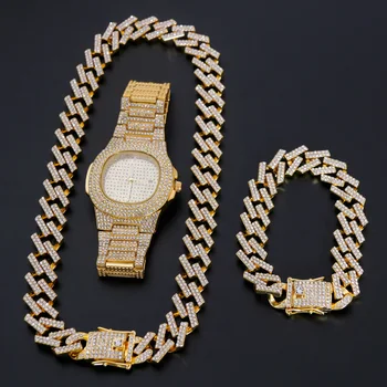 Necklace +Watch+Bracelet 3pcs kit Hip Hop Miami Curb Cuban Chain Gold Full Iced Out Paved Rhinestones CZ Bling Jewelry For Men
Necklace +Watch+Bracelet 3pcs kit Hip Hop Miami Curb Cuban Chain Gold Full Iced Out Paved Rhinestones CZ Bling Jewelry For Men