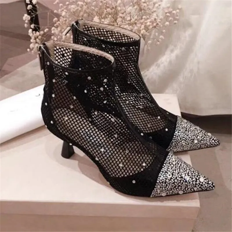 

Kix Crystal-embellished Mesh Ankle Boots For Women Pumps Pointy Toe Shoes Woman High Heels Summer Booties Ladies Botas Mujer