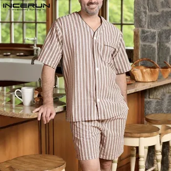 INCERUN Mens Striped Pajamas Sets Fashion Striped Sleepwear Suits Summer V Neck Blouse Drawstring Shorts 2 Pieces Homwear S-5XL 
INCERUN Mens Striped Pajamas Sets Fashion Striped Sleepwear Suits Summer V Neck Blouse Drawstring Shorts 2 Pieces Homwear S-5XL