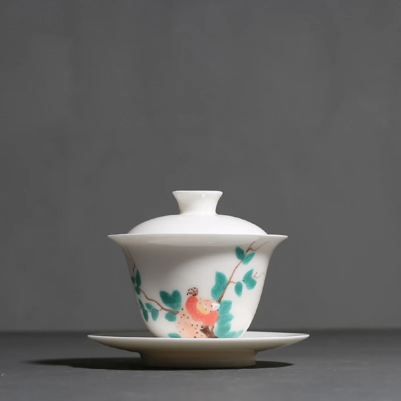 

110ml Dehua White Porcelain Tea Bowl Hand Painted Pomegranate Gaiwan Ceramic Bowl with Lid Chinese Kung Fu Tea Tureen Teaware