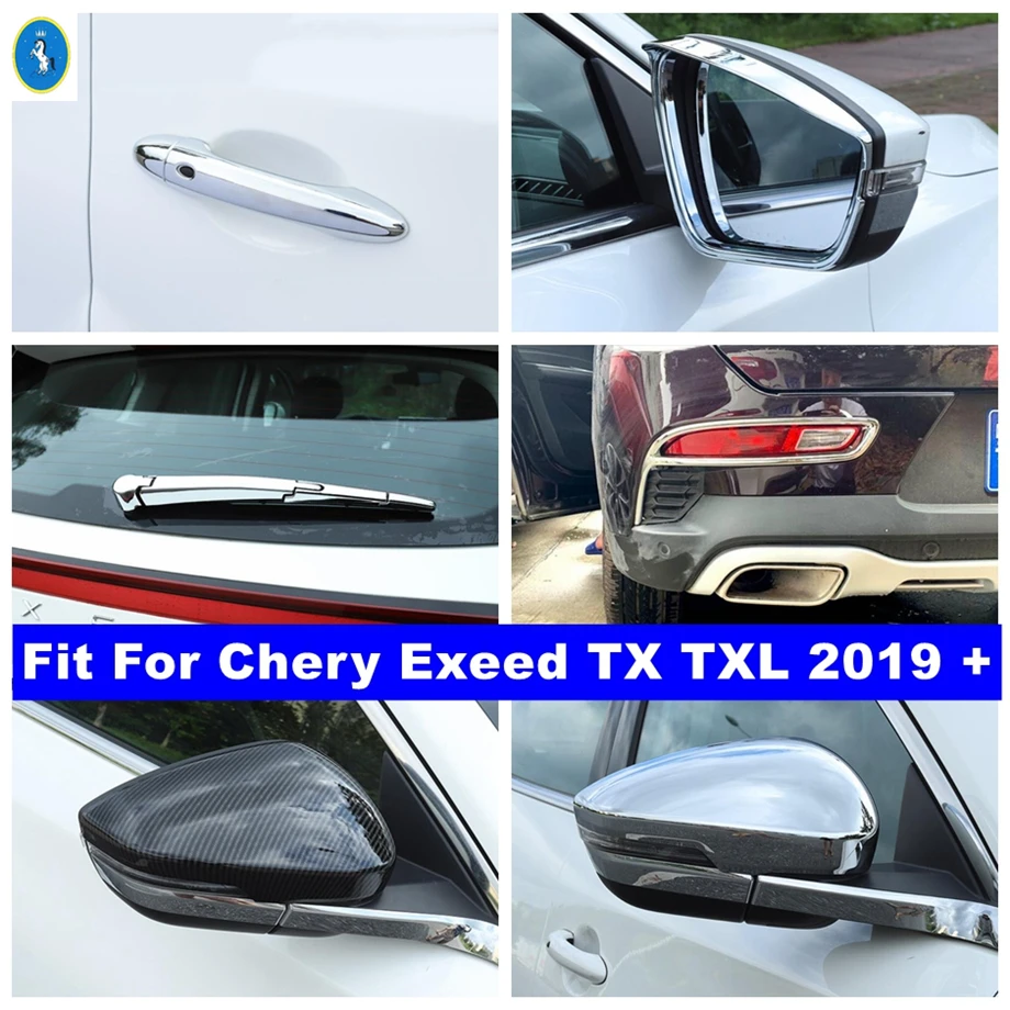 

Chrome / Carbon Fiber Look Rearview Mirror Rain Eyebrow / Rear Fog Lights / Handle Cover Trim For Chery Exeed TX TXL 2019 - 2021