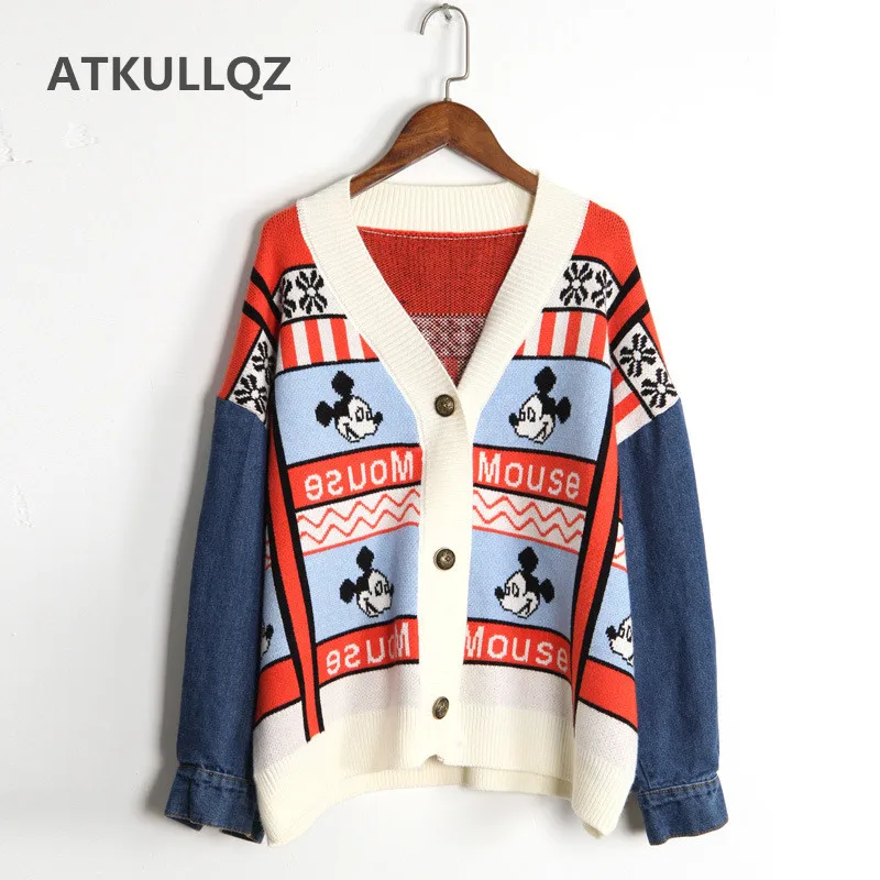 High quality 2019 autumn and winter new casual loose Brand sweater stitching denim sleeve cartoon sweater cardigan coat female
High quality 2019 autumn and winter new casual loose Brand sweater stitching denim sleeve cartoon sweater cardigan coat female