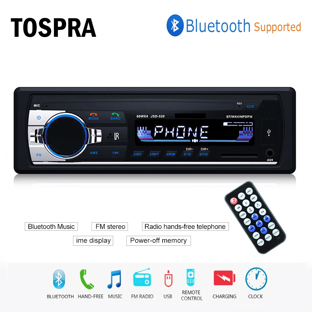 TOSPRA Car Multimedia Player Bluetooth Autoradio MP3 Player Car Stereo Radio FM Aux Input Receiver USB JSD-520 12V In-dash 1 din
TOSPRA Car Multimedia Player Bluetooth Autoradio MP3 Player Car Stereo Radio FM Aux Input Receiver USB JSD-520 12V In-dash 1 din