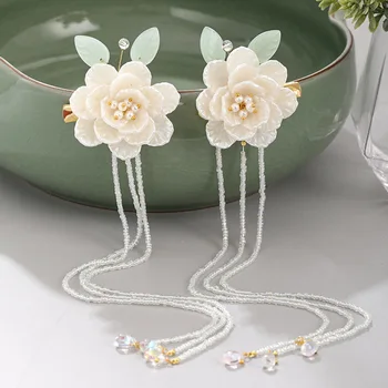 

FORSEVEN Chinese Style White Flower Leaf Pearls Long Tassel Hairpin Clips Headpieces Hanfu Dress Hair Decorative Jewelry