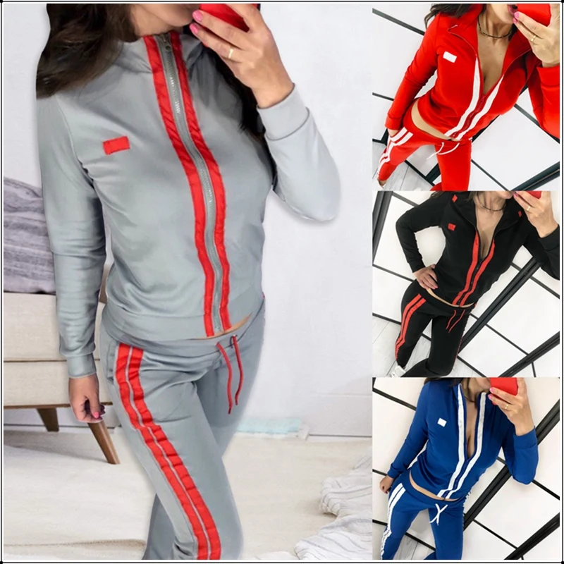 Stripe Tracksuits 2 Piece Set Woman Tops Zipper Sweatshirt Long Sleeve Drawstring Pants Outfit Sportwear Matching Jacket Suits | Женская