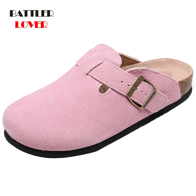 

Summer Beach Cork Mules Slippers For Women 2021 Buckle Genuine Cow Leather Closed Toe Men Outside Slide Slip On Shoes Size 35-46