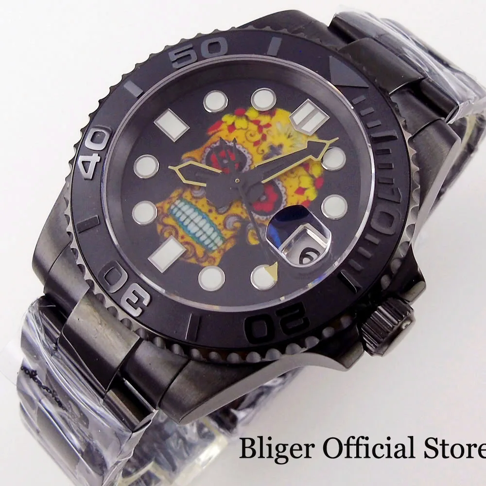 

BLIGER Black PVD NH35A Automatic Men Watch Skeleton Dial YM Brushed Insert Date Magnifier Oyster Glide Lock Strap