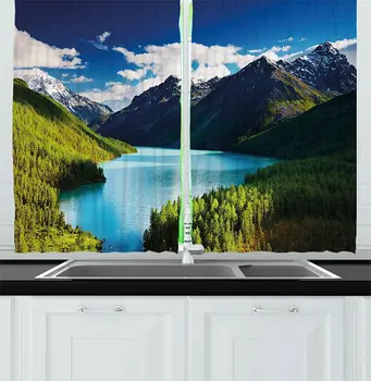 Nature Kitchen Curtains Mountain Range and Lake with Idyllic Pine Forest Cloud Sky Calm Landscape Window Drapes for Kitchen Cafe