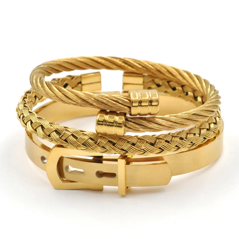 

Stainless Steel Jewelry Set Belt Design Buckle Bangles Men Gold Black Color Cable Wire Bracelet For Women Bijoux Lover Gift