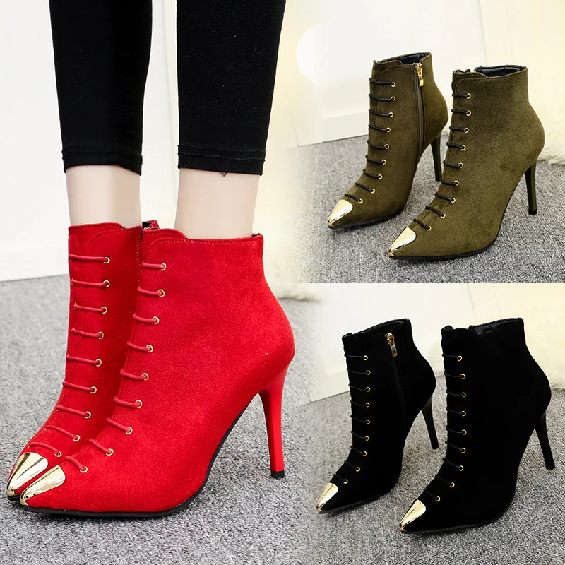 Ozhouzhan Red Wedding Shoes 2016 Autumn And Winter New Style Pointed-Toe Metal Head Thin Heeled High Heel Shoes Lace-up Short Bo 
Ozhouzhan Red Wedding Shoes 2016 Autumn And Winter New Style Pointed-Toe Metal Head Thin Heeled High Heel Shoes Lace-up Short Bo